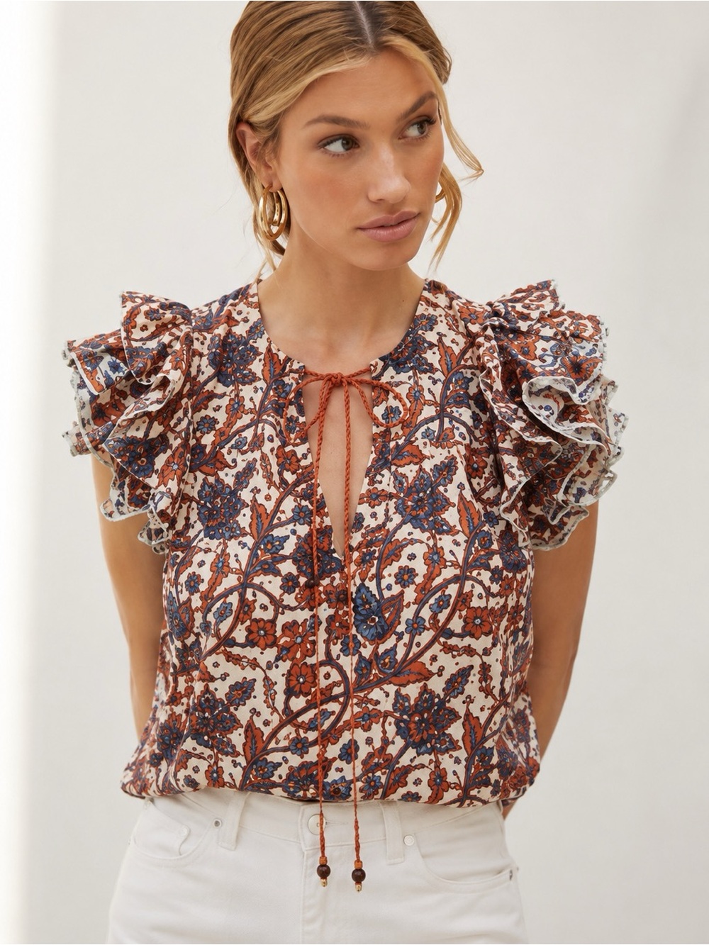 Love The Label Mabel Vineyard Ruffled Blouse Rust Cotton Size S